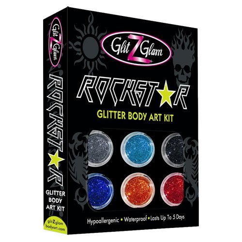 Kit Tatuaggi Glitterati - Rockstar con 6 Glitter Grandi & 12 Stencil Riutilizzabili per Tatuaggi Temporanei