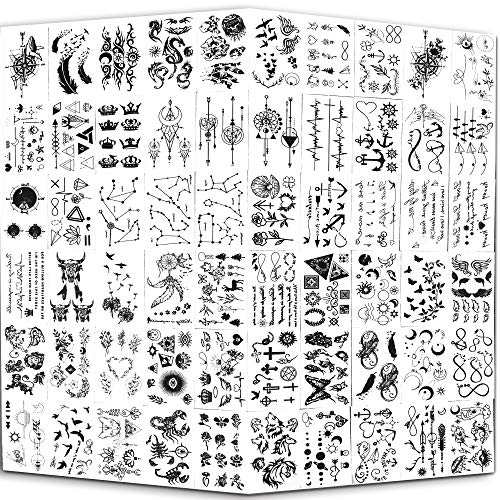 60 fogli Tatuaggi temporanei impermeabili minuscoli, costellazioni di stelle di luna Bussola musicale Linee di ancoraggio Linee di parole Fiori per bambini Adulti Uomini e donne.