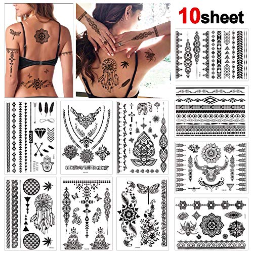 Konsait 10 fogli impermeabile Tatuaggi temporanei finto Tatuaggio Temporaneo Tattoo Adesivi Body Art per bambini adulti donna (nero)