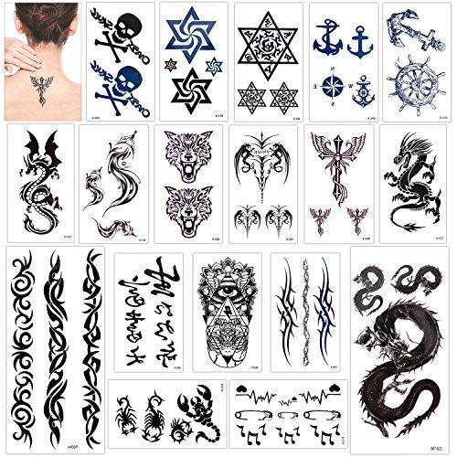 Konsait 18 fogli finti tatuaggi temporanei neri impermeabile Tatuaggio Temporaneo Tattoo Sticker per adulti uomo donna bambini,lupo, Drago, Cranio