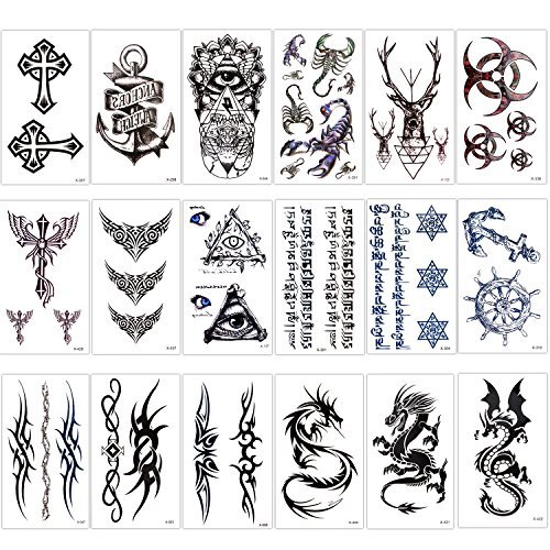 Konsait 18 fogli finti tatuaggi temporanei neri impermeabile Tatuaggio Temporaneo Tattoo Sticker per adulti uomo donna bambini
