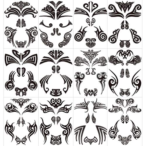 Qpout 12 pezzi Tatuaggi temporanei viso, Tatuaggi viso Maori Adesivi tatuaggio tribale impermeabile viso nero tribale per donna/uomo Festa di carnevale Festa a tema Maori Forniture per decorazioni