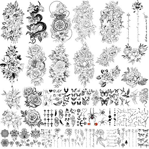 Tatuaggi finti impermeabili di grandi dimensioni da 49 fogli per la raccolta di fiori tatuaggi temporanei impermeabili per donne e ragazze.