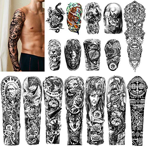 Tatuaggi Temporanei Braccio Completo 8 fogli e Metà Braccio Tatuaggi finti 8 Fogli, Adesivi per Tatuaggi Impermeabili Extra Large per uomini e Donne o Adulti (58 x 18 cm)