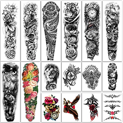 Tatuaggi temporanei extra large 8 fogli Tatuaggi finti a braccio completo e 8 fogli adesivi per tatuaggio a metà braccio per uomo e donna (16 fogli)