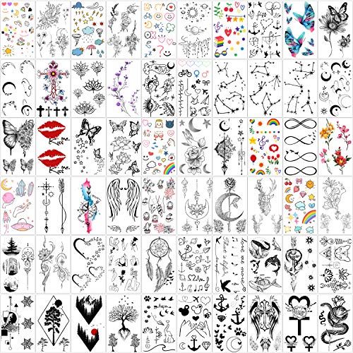 Yazhiji 60 fogli piccolo tatuaggio temporaneo impermeabile stelle della luna costellazioni musica bussola ancora parole parole fiori per bambini adulti uomini e donne