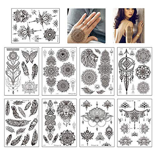 yyuezhi Tatuaggi Temporanei di Pizzo Indiano Tatuaggio Tatuaggio Temporaneo Nero Fiore Mandala Feather Tattoo Stickers Adesivi per Tatuaggi Impermeabili Neri di Zlta Qualità 9 Fogli