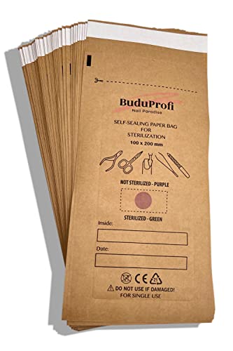 BuduProfi 100 Sacchetti per sterilizzazione autoclave e forno Seco strumenti manicure pedicure con indicatore e sigillatura (100 x 200 mm)